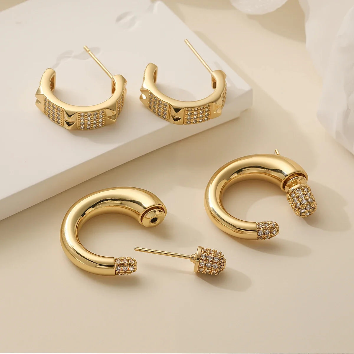 NEWBUY 2025 New Fashion Gold Color Unique Design C Shape Stud Earrings For Elegant Women Shiny AAA CZ Inlay Wedding Jewelry