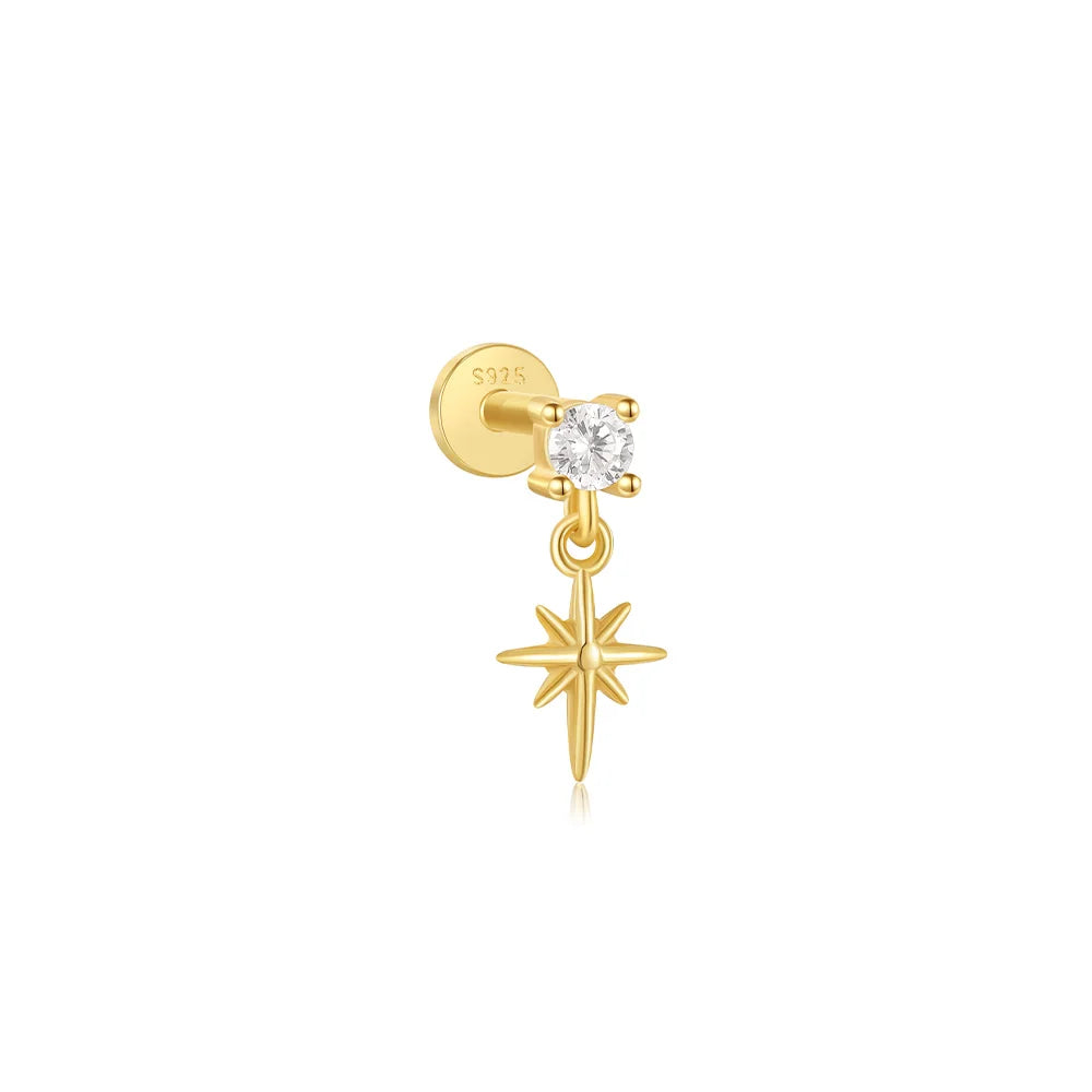 CANNER 1PC Four Pointed Star Moon Tassel Lotus Cartilage Spiral Puncture 925 Sterling Silver Stud Earring For Women Ins Earring