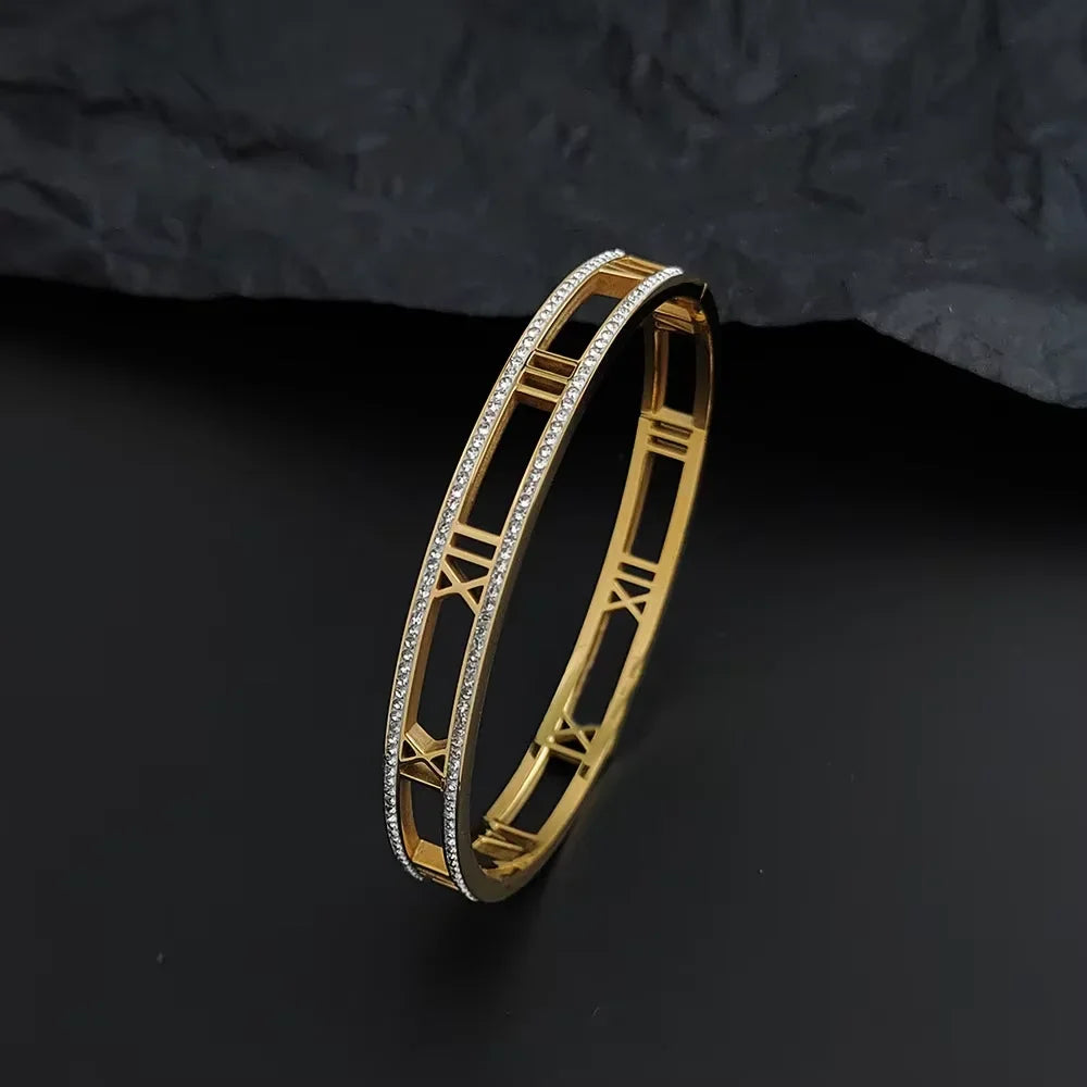 Luxury Crystal Hollow Roman Numeral Bracelets For Women Men Stainless Steel Unisex Bangle Fashion Classic Jewelry Accessories