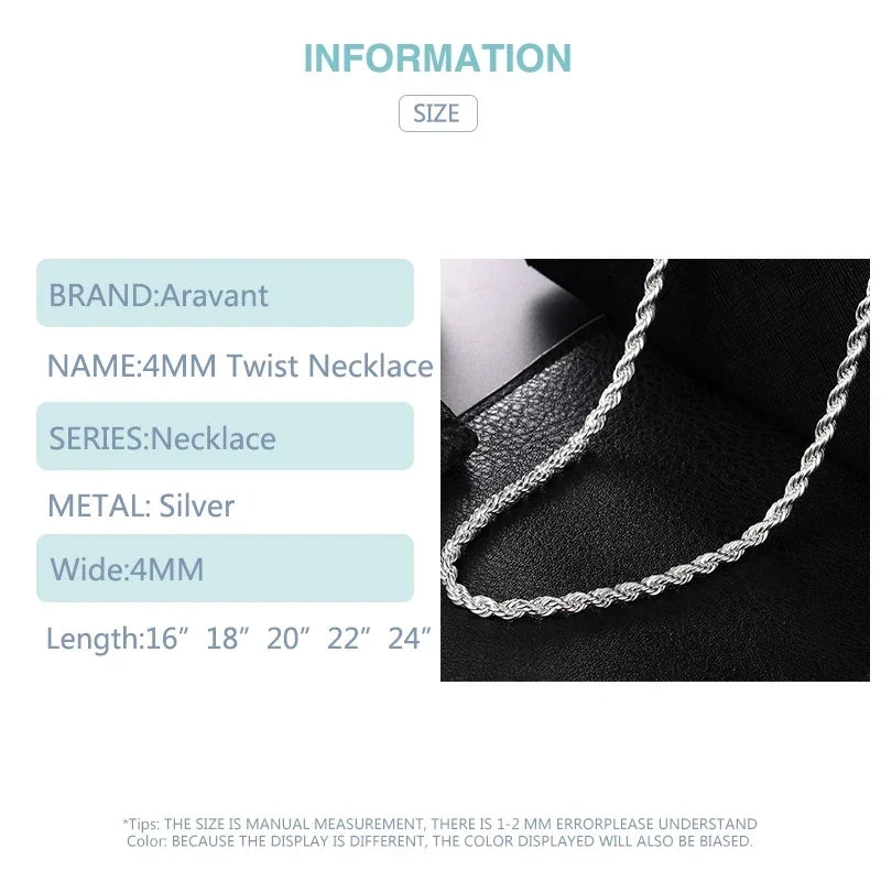 Aravant 925 Silver 4MM Twist Snake Chain Necklace For Women Fashion Jewelry