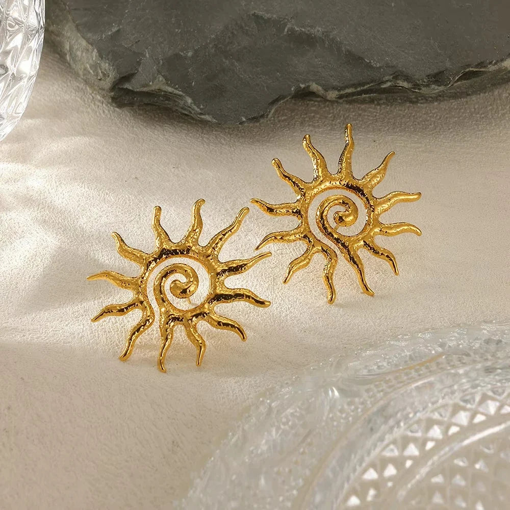 Punk Sun Face Stud Stainless Steel Earrings For Women Gold Color Star Piercing Ear Accessories Femme Gothic Jewelry Party Gift
