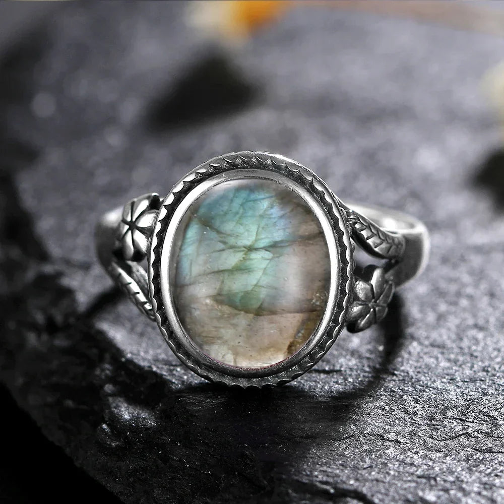 Vinatge Silver Ring Female Jewelry Natural Moonstone Tiger's Eye Personalized Rings for Women Bijoux Wedding Jewelry Gift S925