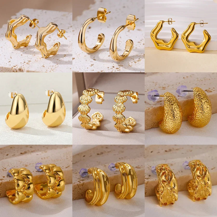 C-shaped Shell Earrings for Women Stainless Steel Waterdrop Teardrop Hoop Earring Fashion Piercing Ear Accessories Party Jewelry