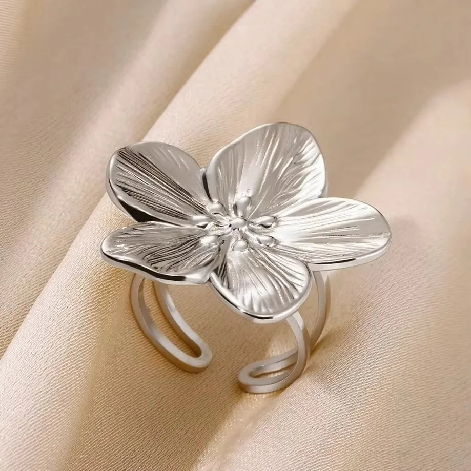 Colored Zircon Double Flower Rings For Women Gold Plated Stainless Steel Flower Opening Ring Wedding Aesthetic Jewelry Gift 2023