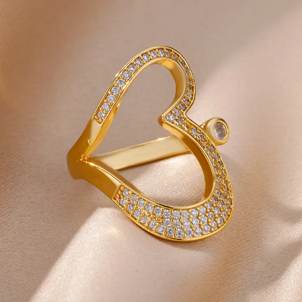 Stainless Steel Heart Rings For Women Gold Color CZ Crystal Zircon Open Finger Ring Wedding Aesthetic Jewerly Gift anillos
