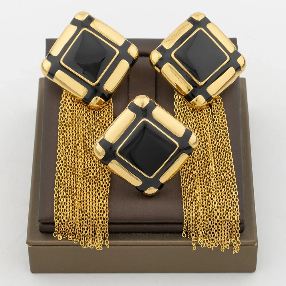 Luxury Tassel Earrings with Ring Set for Dubai African Gold Color and Black Color Matching Jewelry Set Square Design Earrings