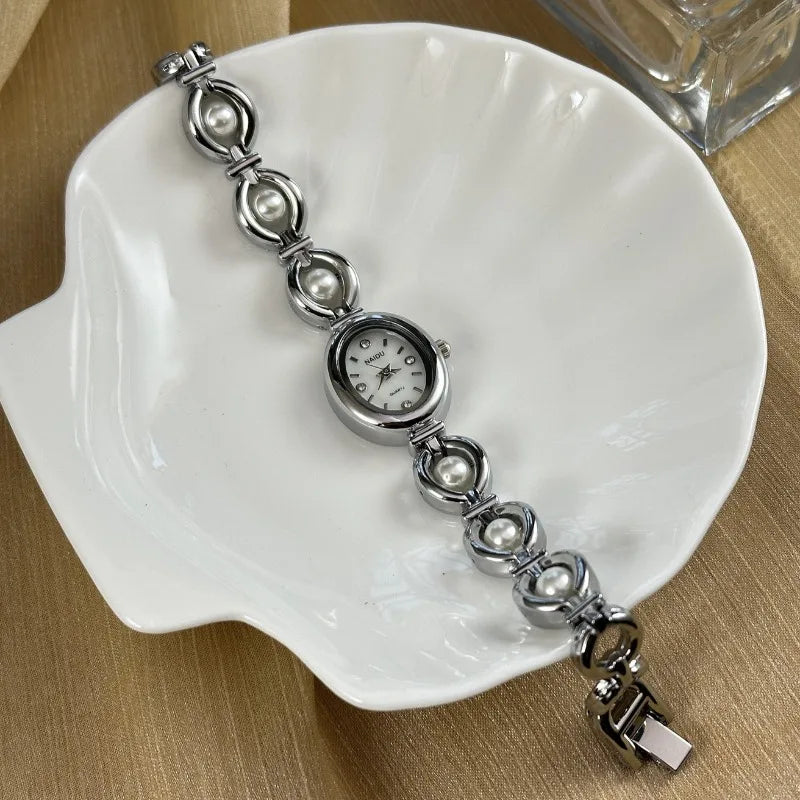 Luxury Pearl Inlaid Bracelet Watch Fashion Women Quartz Watch Brand Oval Dial Dress Wristwatches Dropshipping Relojes Para Mujer