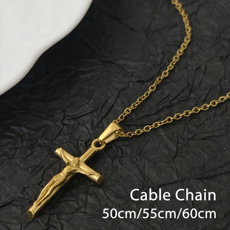Classic Jesus Cross Necklace 18K Gold Plated Stainless Steel Religious Jewelry Polished & Durable for Men Women Christians