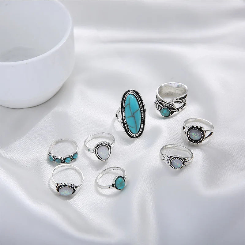 8Pcs/Set Rings Set Fashion Casual New Retro Set With Turquoise Carved Feather Ring Set High-grade Jewelry