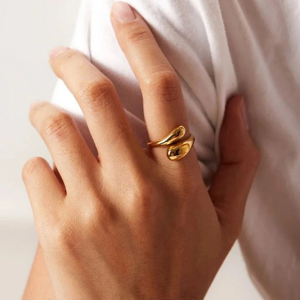 SUNIBI Double Opening Ring for Woman Golden Glossy Feather Design Ring 316 Stainless Steel Women's Fashion Jewelry Wholesale