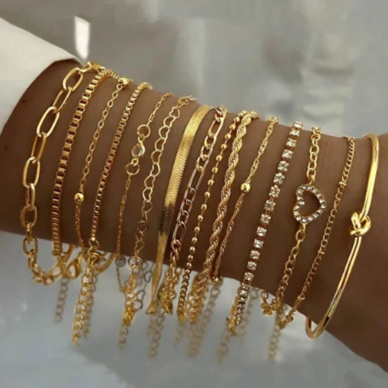 13Pcs/Set Stainless Steel Bracelet for Women, Silver Gold Color Multi Style Combination Chain, Waterproof Exquisite Jewelry Gift