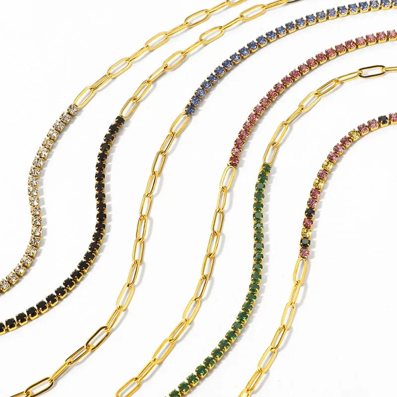 2mm Thin Colorful CZ Stainless Steel Stackable Chain Bracelet for Women Girl