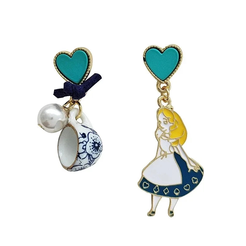 Carton Fairy Tale Princess Alice Asymmetry Earrings Imitation Pearl Blue Heart Dangle Earrings Cute Girls Enamel Earrings