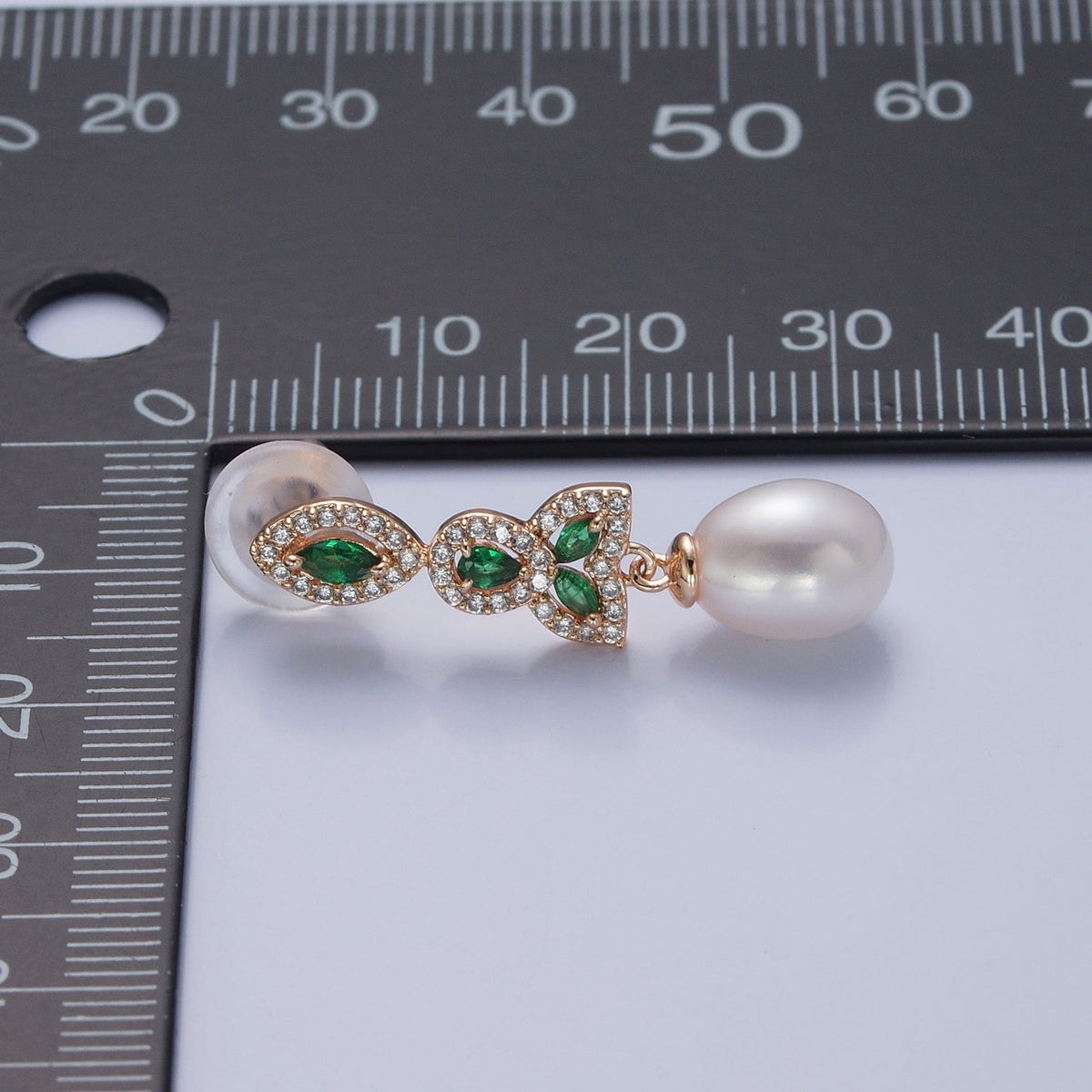 Dangle White Pearl Stud Earring with Gold Green Pave Flower for Wedding Jewelry T-532