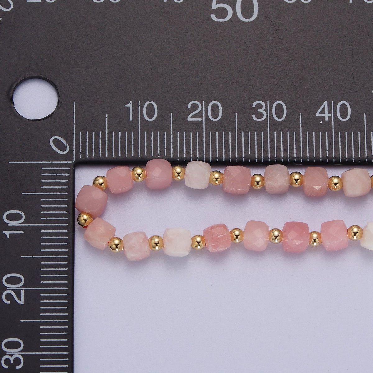 16 Inch Natural Pink Opal Multifaceted Cube Gemstone w. Gold Bead Choker Necklace | WA-1444 Clearance Pricing