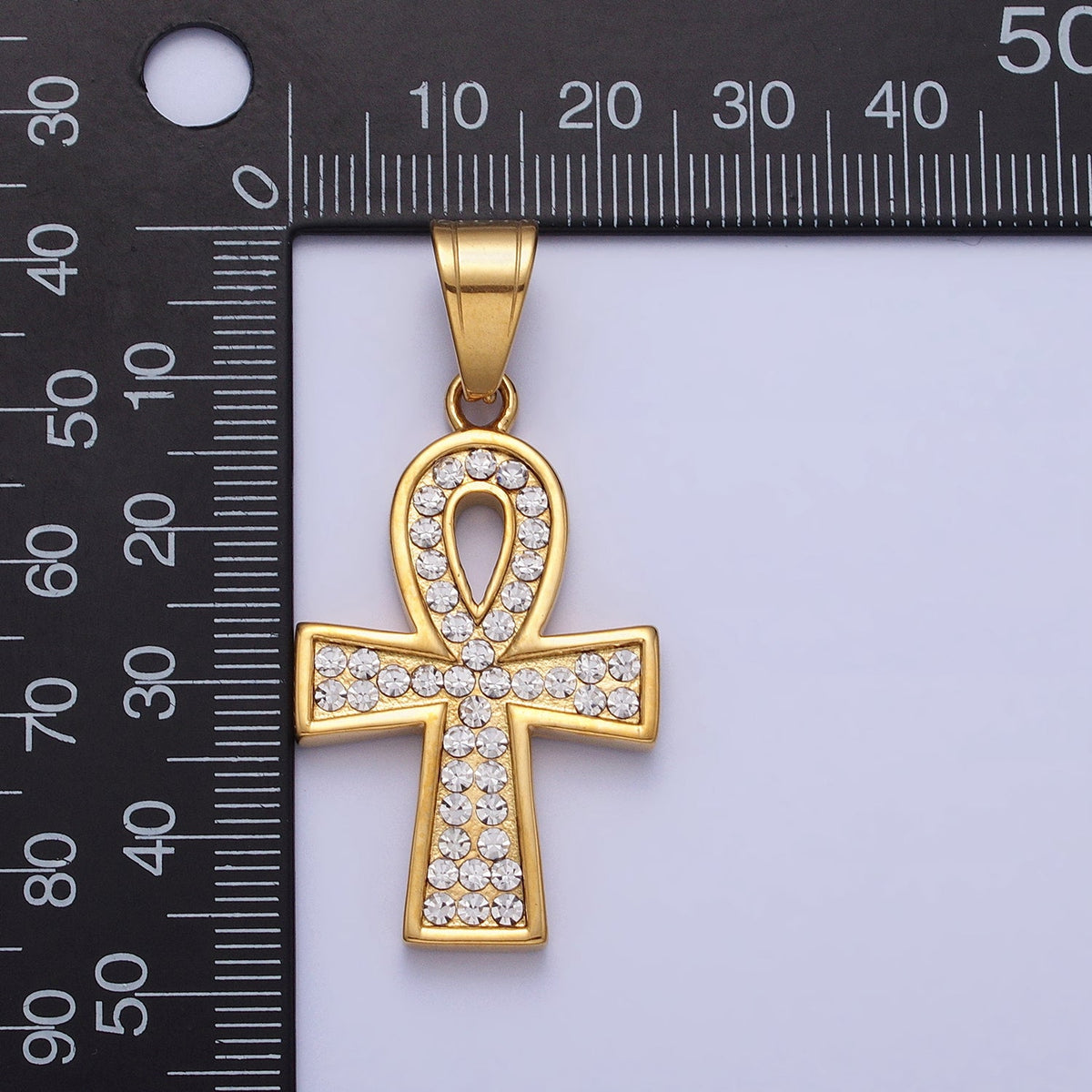 Stainless Steel Clear Micro Paved CZ Egyptian Ankh Key Cross Gold Pendant J-796