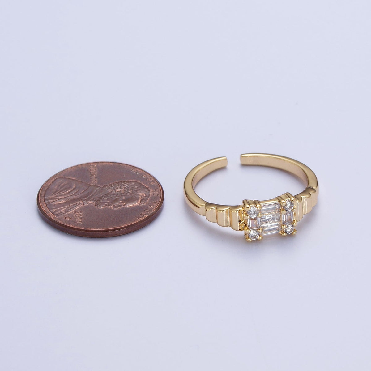 24K Gold Filled Square Baguette Cubic Zirconia Bubble Adjustable Gold Ring | U-023