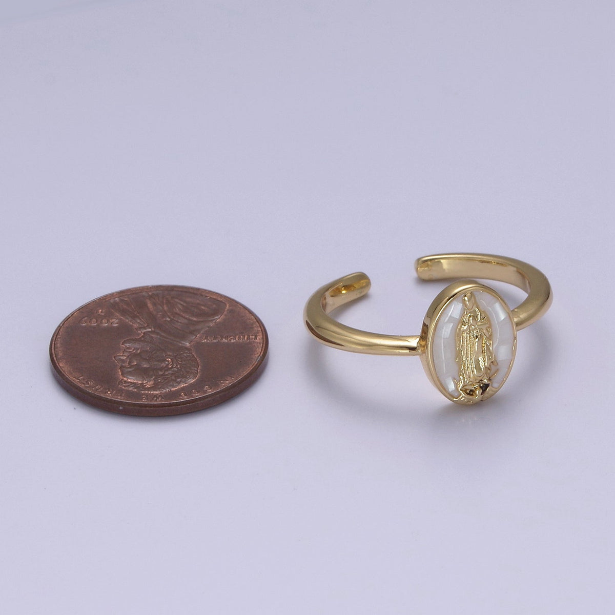 Gold Filled Oval Virgin Mother Mary Shell Opal Ring in Gold & Silver  S-397 - S-400, O-200-204
