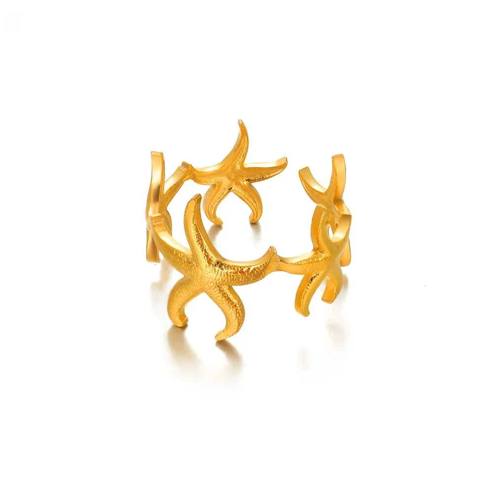 316L Stainless Steel Starfish Shell Rings for Women Gold Color Open Finger Ring Femme Trendy Summer Vacation Ocean Jewelry Gift