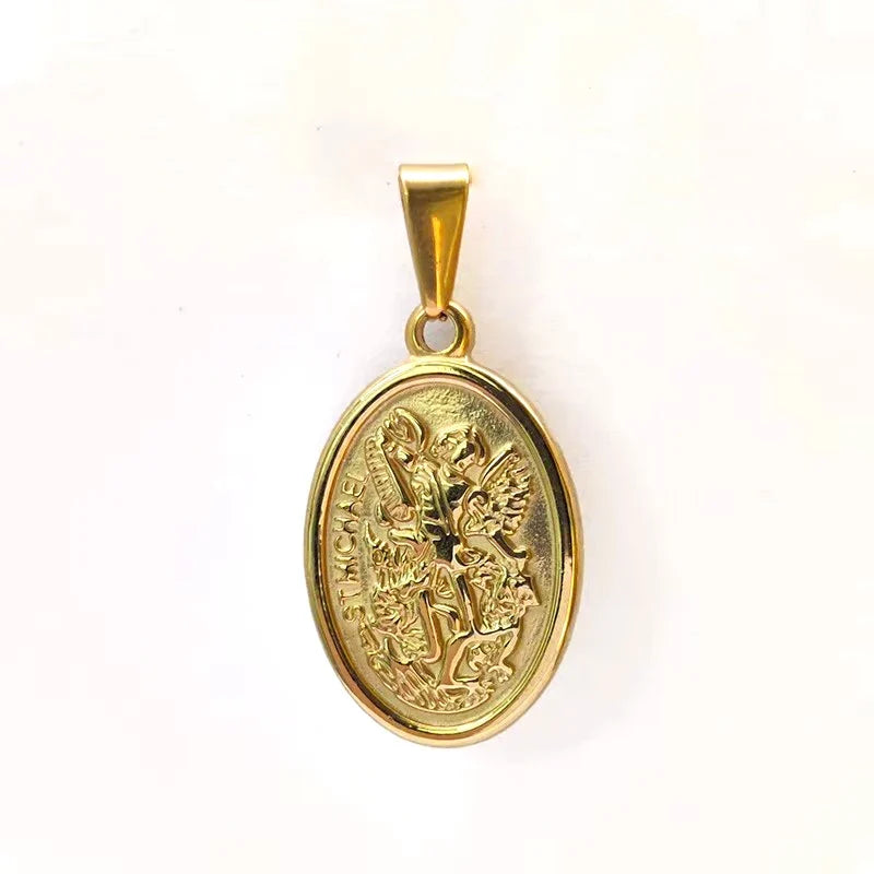 Hypoallergenic 316L Stainless Steel Gold Plated Pendant Necklace - Saint Michael & Saint Christopher, Ideal Gift for Men