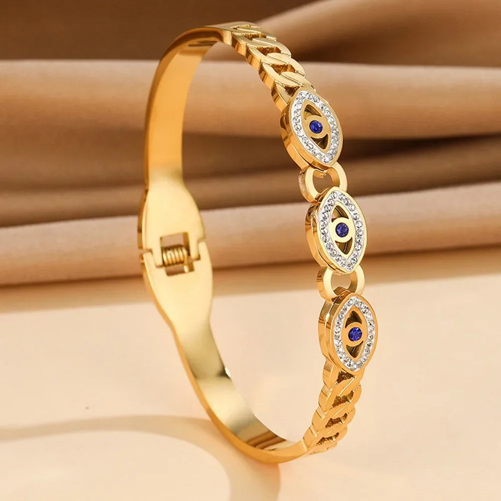 Fashion Stainless Steel Bracelet For Women Men Evil Eye Cuff Bangles Gold Plated Spring Buckle Lucky Amulet Jewelry Accessories
