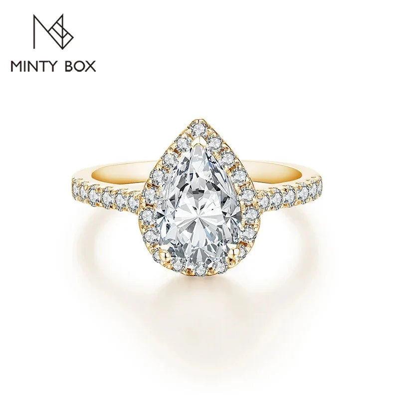 MINTYBOX Pear Cut 2.0CT Luxury Moissanite Ring Solid 925 Sliver 18K Gold Plated Engagement Halo Ring for Women Fine Jewelry Gift