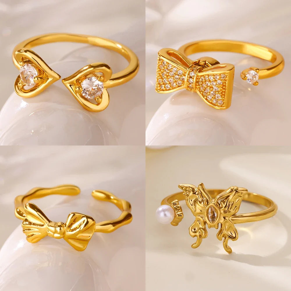 Stainless Steel Butterfly Bow Rings for Women Fashion Zircon Heart Open Ring Trendy Aesthetic Jewelry Party Wedding Gift