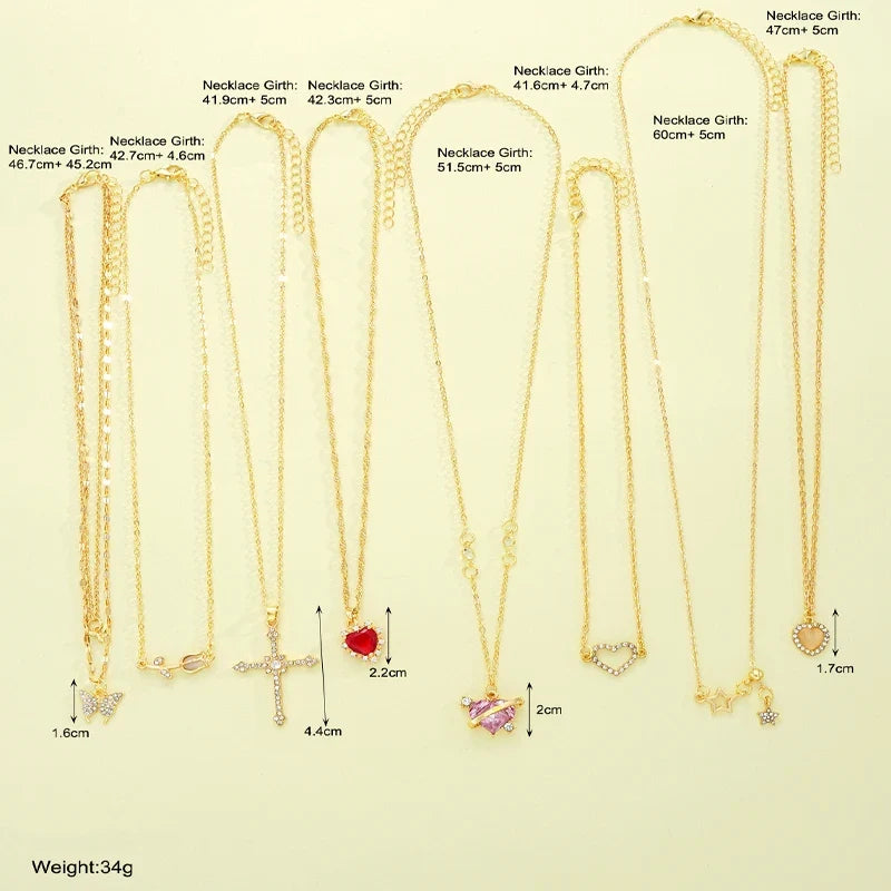 8 Pcs Simple Temperament Necklace Set For Women Elegant Gold Color Crystal Butterfly Cross Rose Heart Star Pendant Necklaces