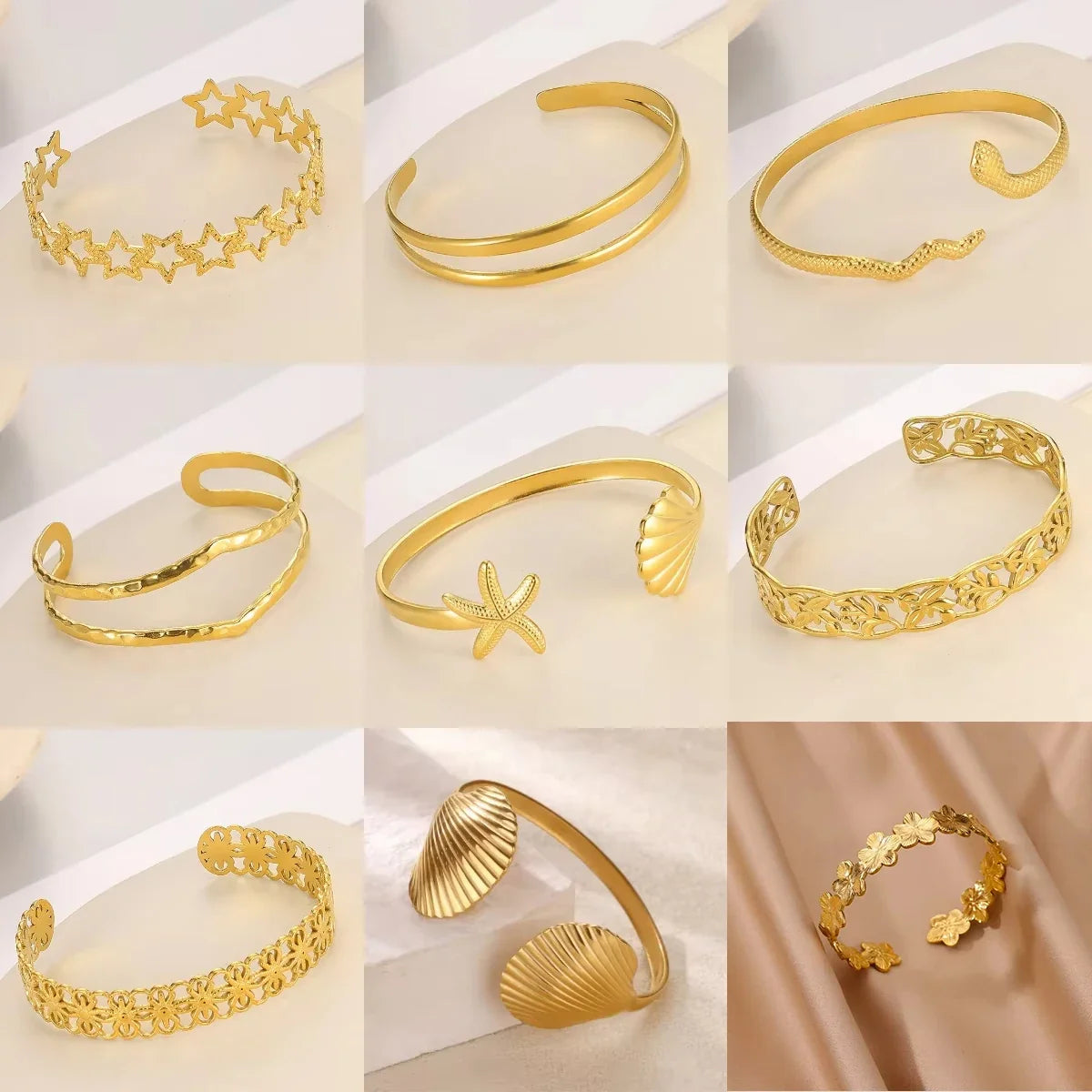 Summer Waterproof Cuff Bangles Bracelet For Women Cute Flower Double Layer Open Stainless Steel Gold Color Star Shell Jewelry