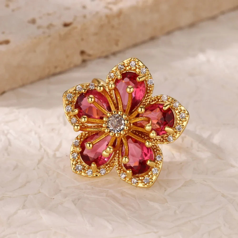 Luxury Colorful Zircon Flower Rings For Women Gold Color Stainless Steel Opening Ring Fashion Wedding Party Aesthetic Jewelry