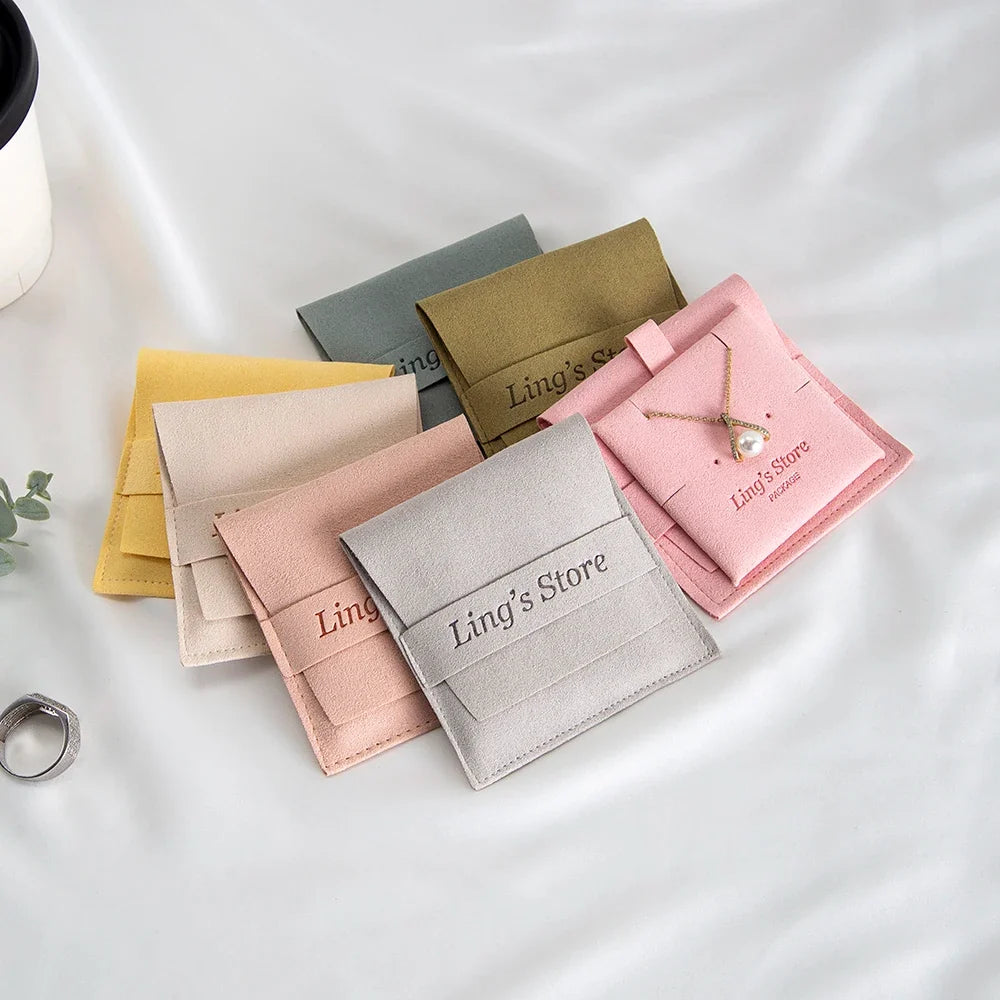 20/50/100pcs Personalized Logo Jewelry Microfiber Strip 8x8cm Bag Insert With 6x6cm Pad Card For Earrings Studs Necklace Pendant