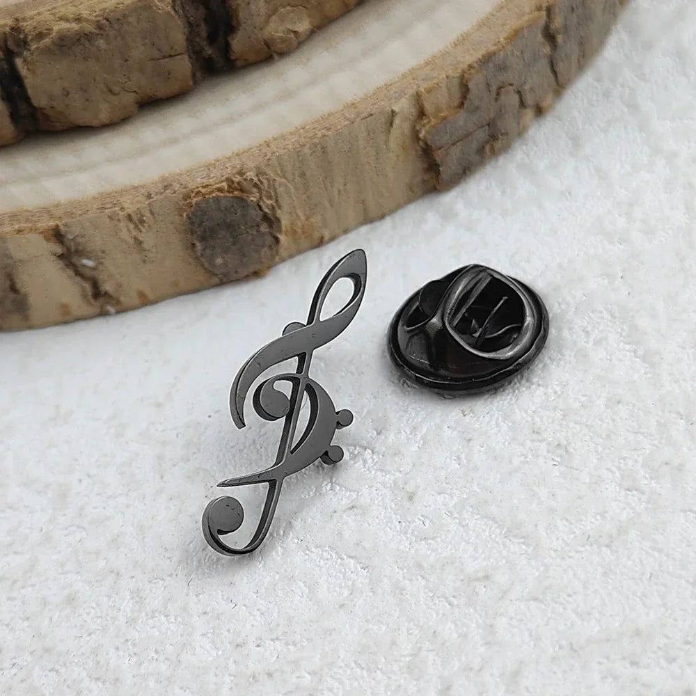 New music symbol men's lapel pin, 316L stainless steel gold-plated badge, black brooch for suit accessories, gift for father