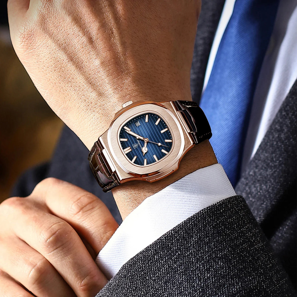 POEDAGAR Fashion Square Men's Watch Waterproof Luminous Date Business Man Wristwatch Casual Leather Quartz Watches For Men Reloj