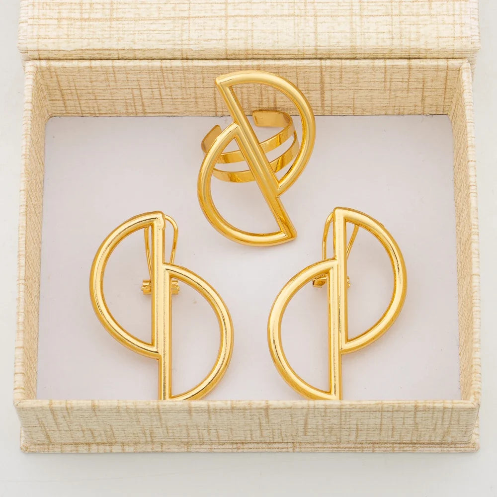 Earrings with Ring Jewelry Set for African 18k Gold Color Clip Earrings Finger Ring 2Pcs Set with Gift Box Luxury Jewelry Bride