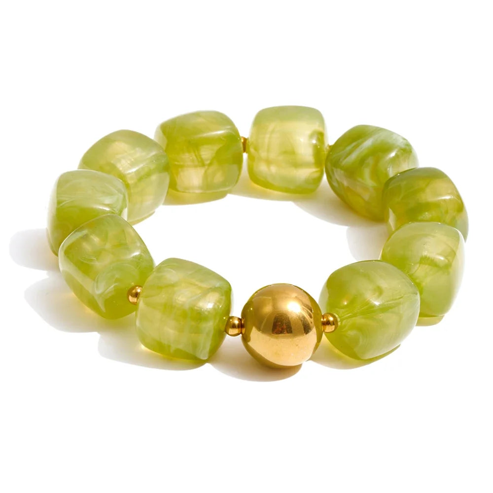 Yhpup Acrylic Square Beads Chain Necklace Bracelet Bangle Stainless Steel Handmade Jewelry Waterproof Green Khaki Pink Amber