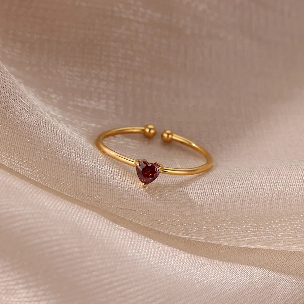 Stainless Steel Birthstone Open Rings for Women Fashion 12-color Crystal Zircon Heart Ring Birthday Aesthetic Jewelry Gift