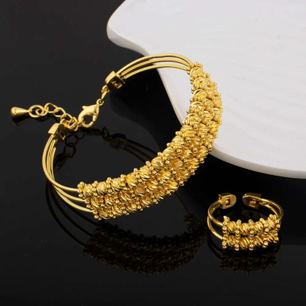 Dubai Women Gold Color Bangles 18k Gold Color Twist Bracelet Ring Wedding Birthday Gift Gold Color Fine Jewelry Gifts Not Fade
