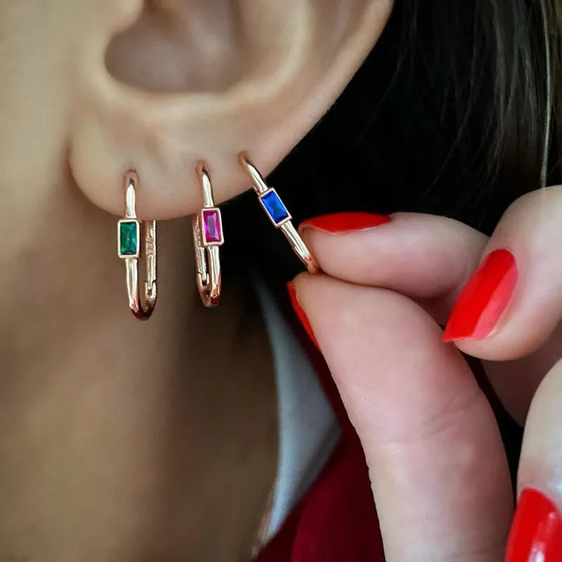 1pair Women's Colorful Zircon Square Ear Clip Geometric U-shape Hoop Earrings Daily Party Pairing With Jewelry