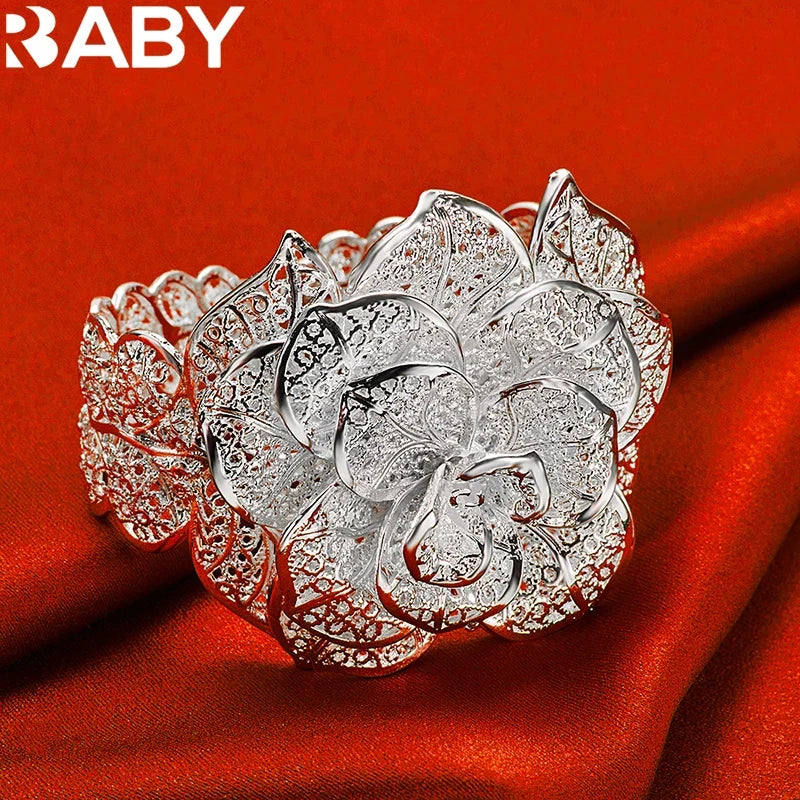 925 Sterling Silver Exquisite Pretty Camellia Flower Bracelet Bangles For Woman Charm Jewelry Wedding Engagement Fashion Party