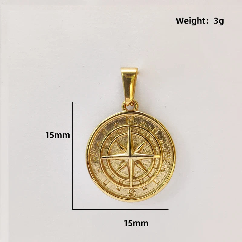 18K Gold Plated Stainless Steel Compass Pendant Necklace - Round Coin Design for Men & Women, Waterproof Unisex Jewelry Gift