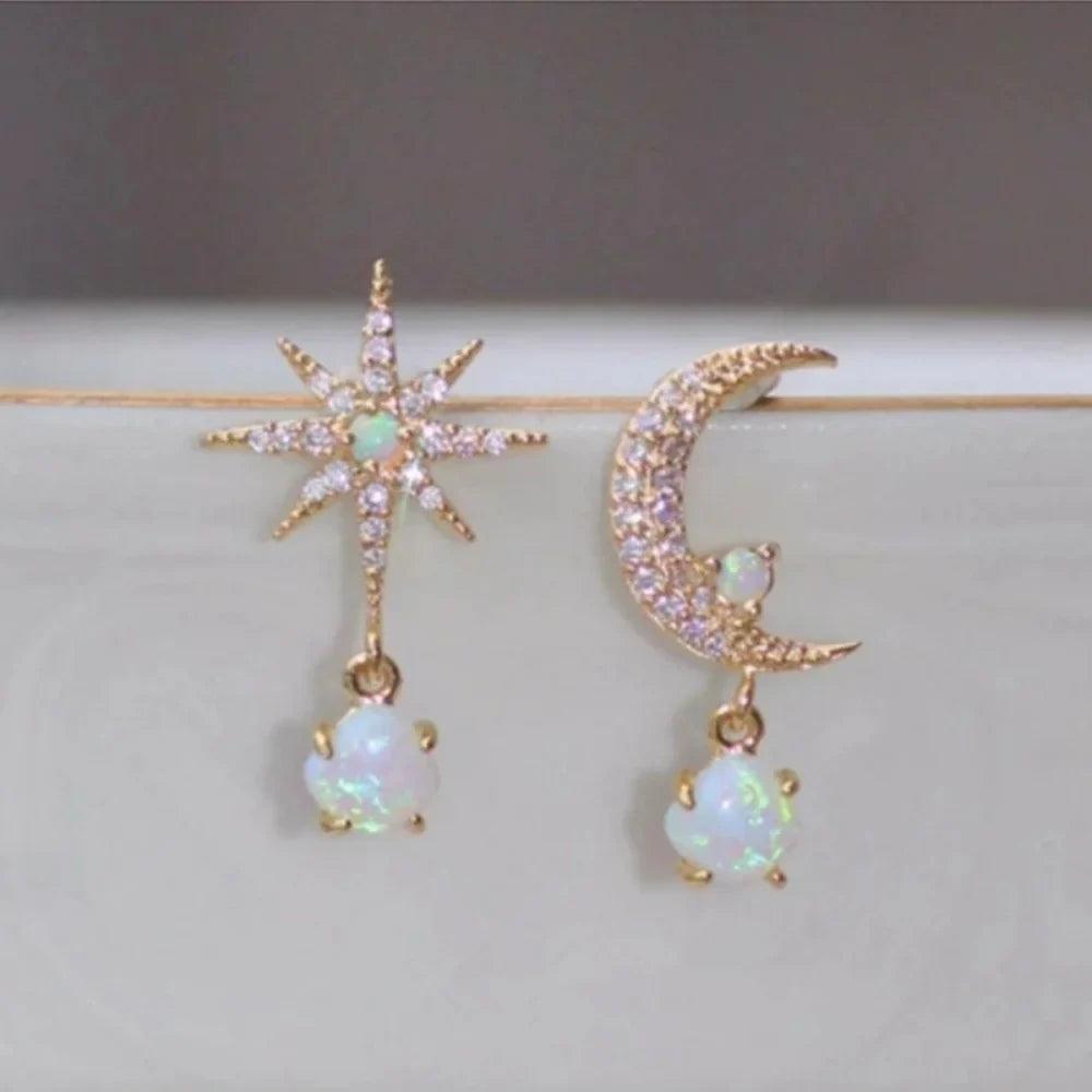 Golden Asymmetrical Zircon Moon Star Earrings for Women Retro Personalized Fashionable Versatile Accessory Gift