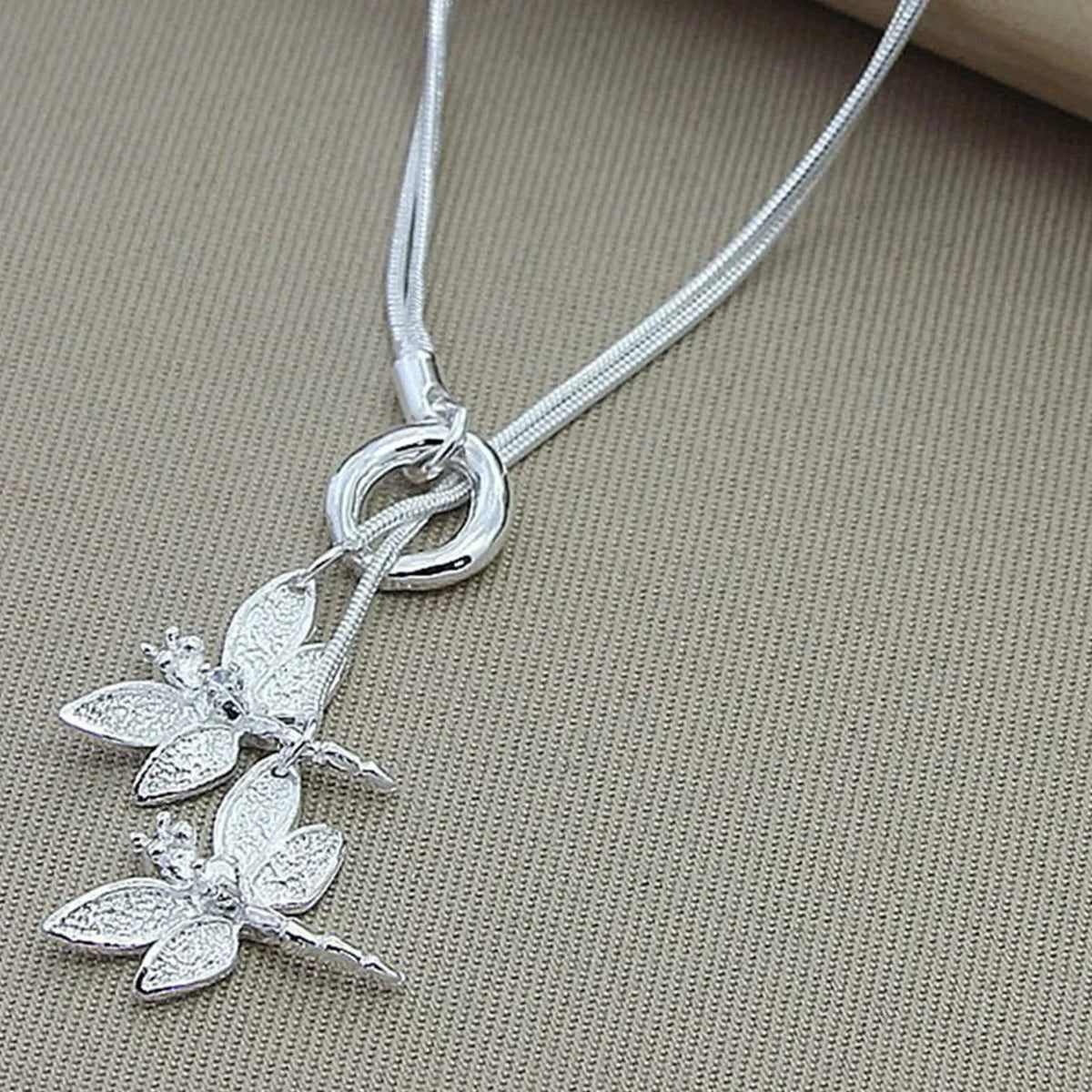 925 Sterling Silver Two Dragonfly Pendant Necklace For Women Snake Chain Necklace Wedding Engagement Jewelry