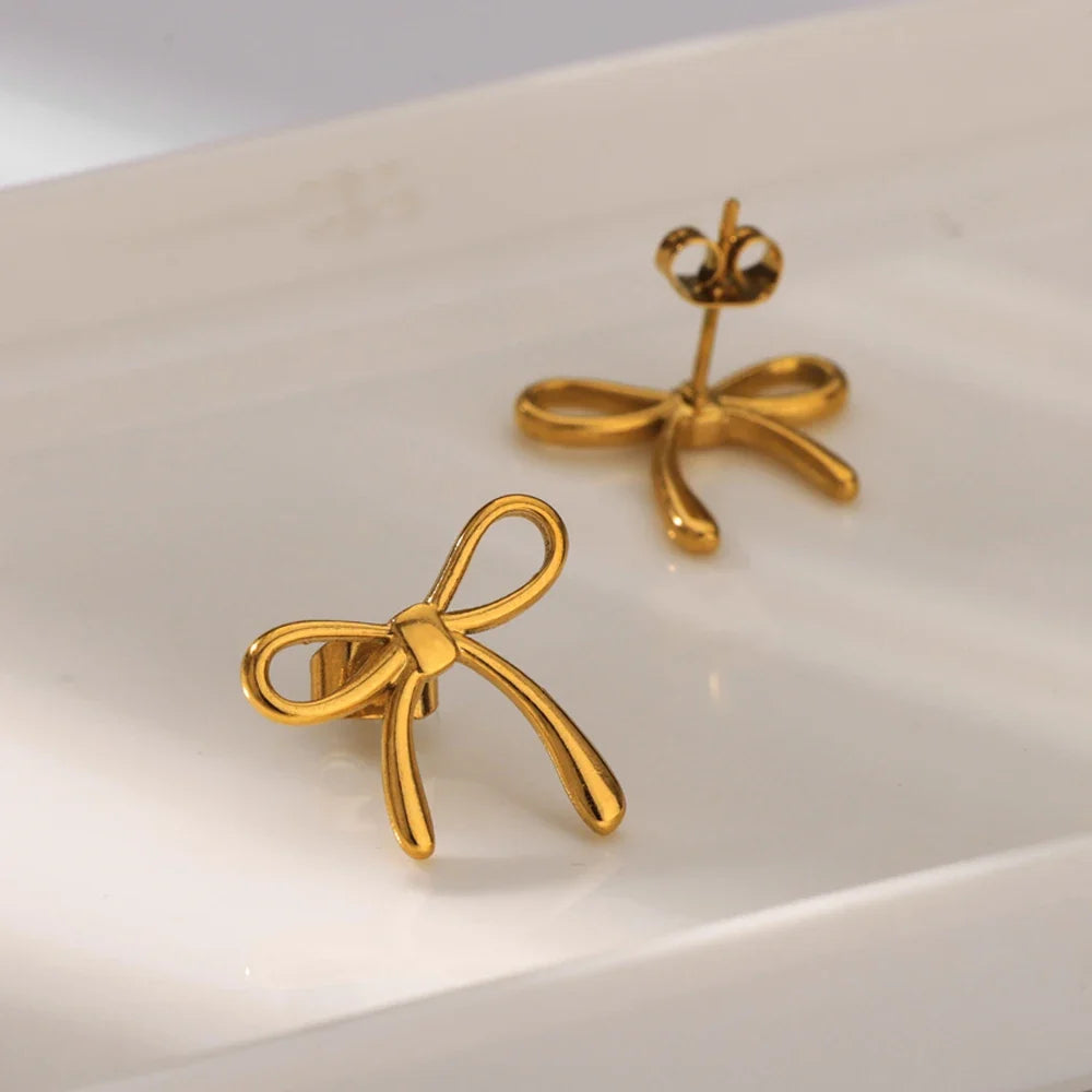 Stainless Steel Thin Bowknot Earrings For Women Gold Color Aesthetic Earring Wedding Christmas Fashion Jewelry Accessories