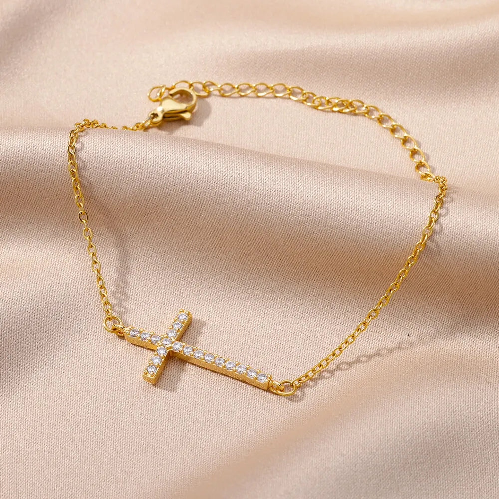 Crystal Cross Bracelets For Women Fashion Gold Plated Stainless Steel Cross Bracelet Vintage Religion Aesthetic Jewelry Gift