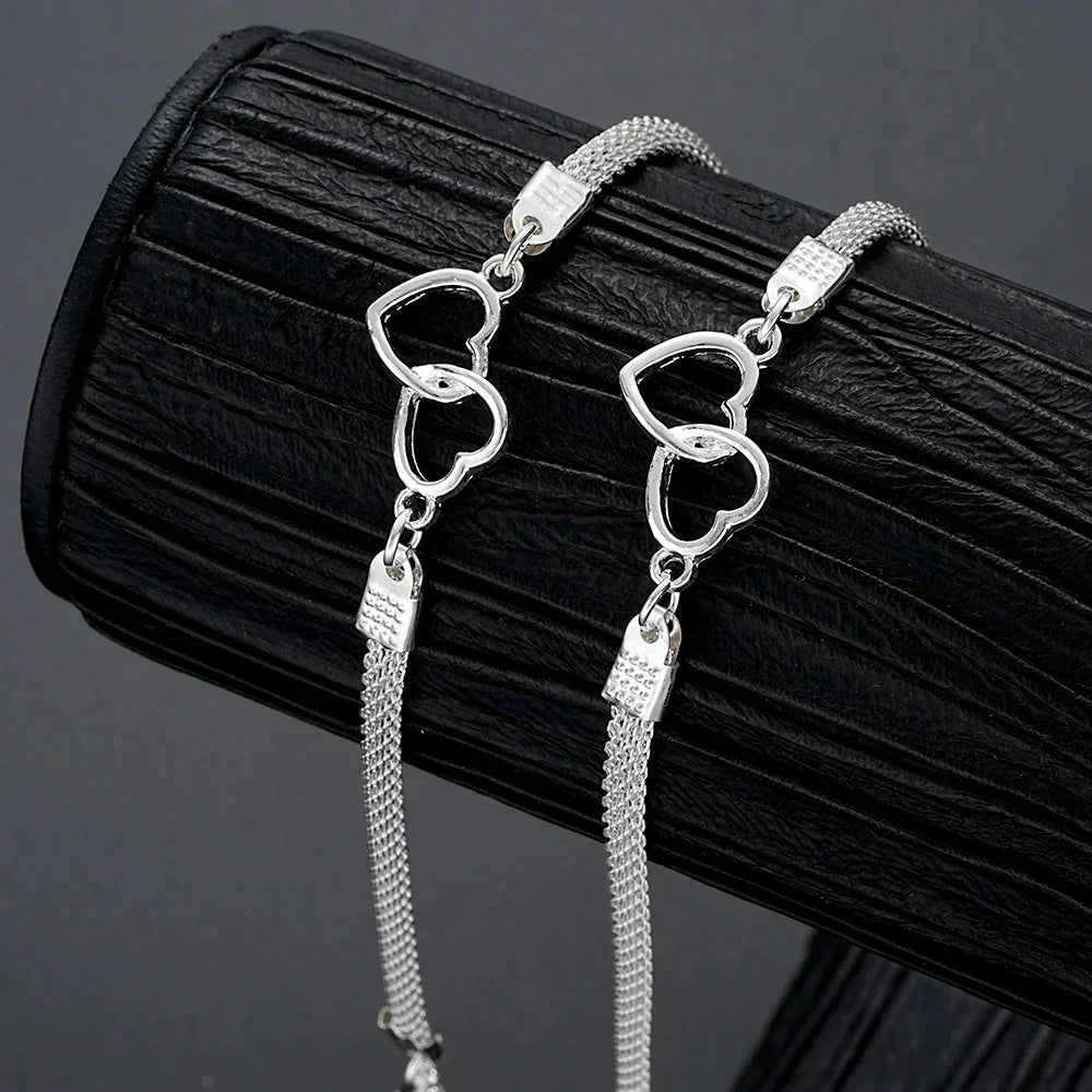 2 Pcs Set Love Heart Couple Bracelets for Women Men Silver Color Double Layer Matching Chain Bracelet Lover Jewelry Gift