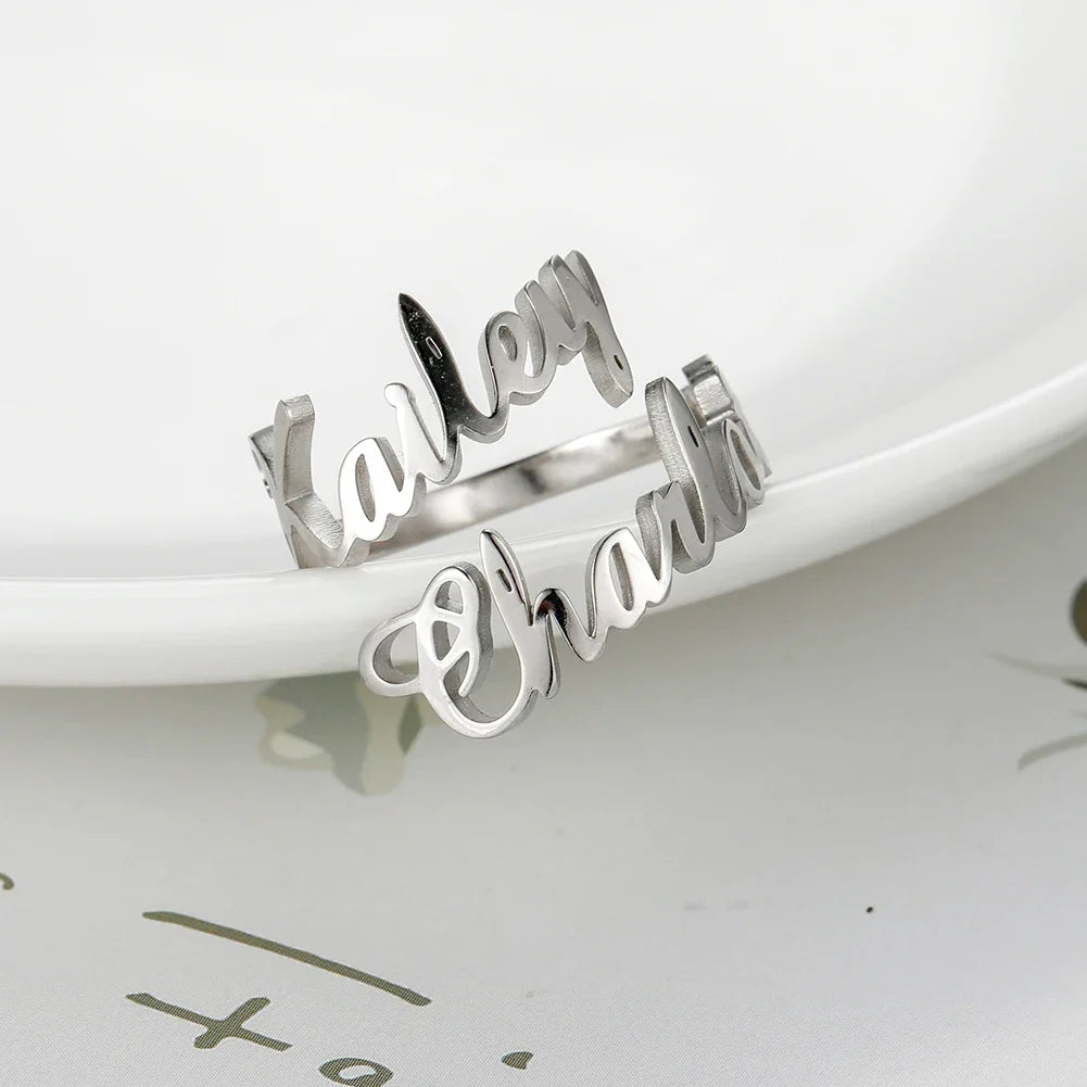 Custom Double First Name Finger Ring For Women Men Personalized Couple Family Gift Gold Color Stainless Steel Metal Jewelry