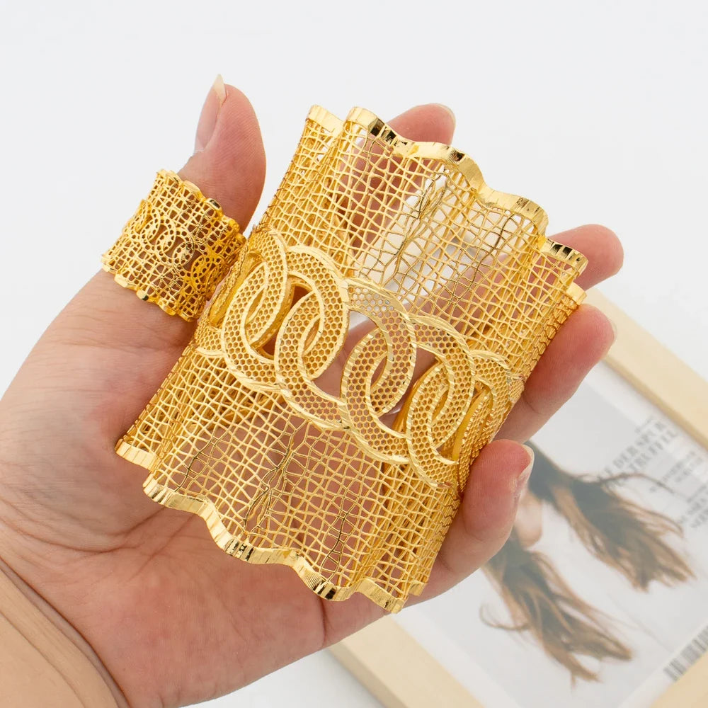 Exaggerate Bracelet with Ring Set for Dubai 18k Gold Plated Design Cuff Bangle and Finger Ring Set for Engagement Party Jewelry