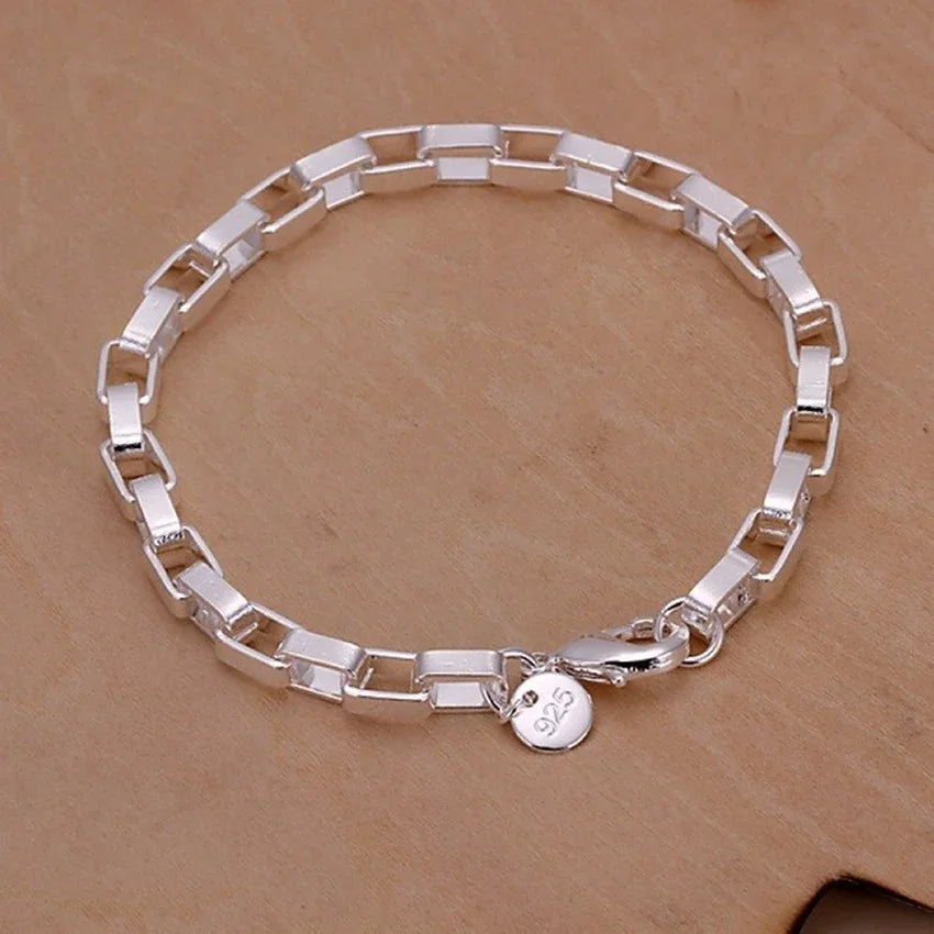 Noble 925 Sterling Silver Square Solid Chain Bracelet For Women Men Charm Party Gift Wedding Fashion Jewelry Free shipping