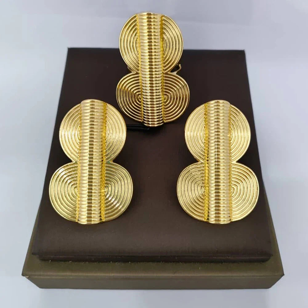 Trend Earrings and Ring Jewelry Set for Women 18k Gold Color Clip Earrings and Finger Ring Bride 2Pcs Set Nigerian Accessories