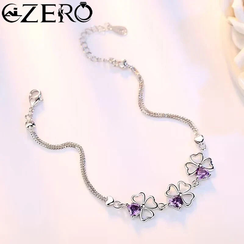 NEW Fine 925 Sterling Silver Purple Crystal Lucky Clover Bracelets for Women Fashion Party Wedding Accessories Jewelry 17CM+4CM